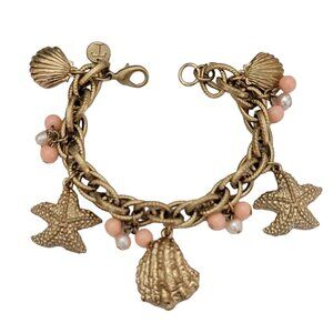 Talbots Gold Tone Sea Shell Starfish Genuine Pearl Bead Charm Bracelet 7.5” K204